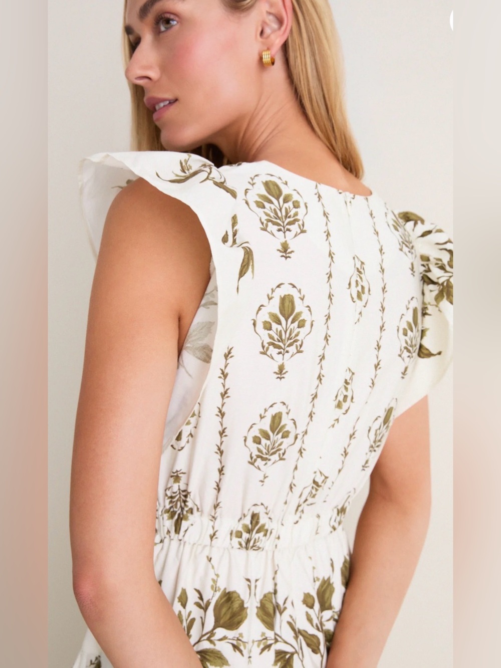 LOVE NWT Tuckernuck Moon River Beige Multi Short Ruffle Sleeve Midi Olive Sz S M - Picture 6 of 10